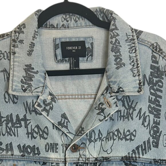 Forever 21 Mens Jean Jacket Graffiti Scribble Denim Cropped Hip Hop Faded Sz L - Picture 6 of 6